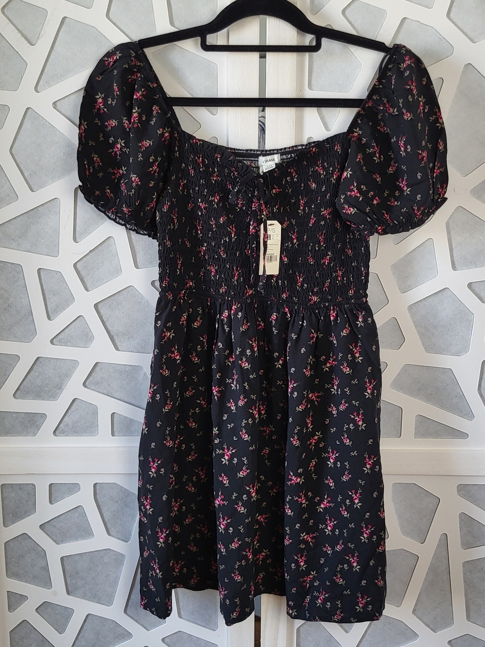Garage Black Floral Smocked Mini Dress with Pink Blooms